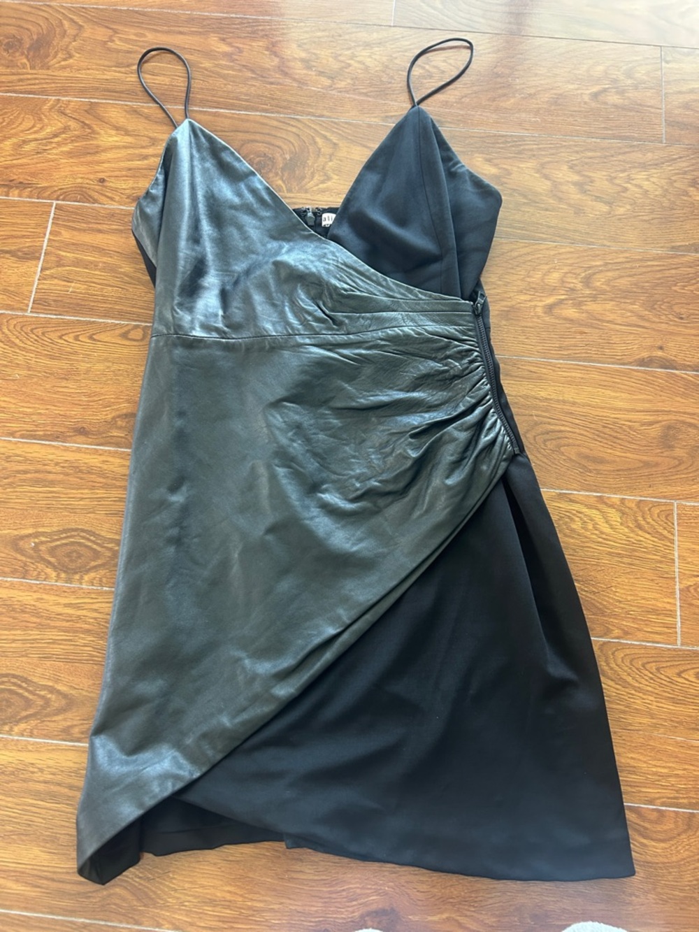 Alice + Olivia Black Faux Leather Wrap Mini Dress